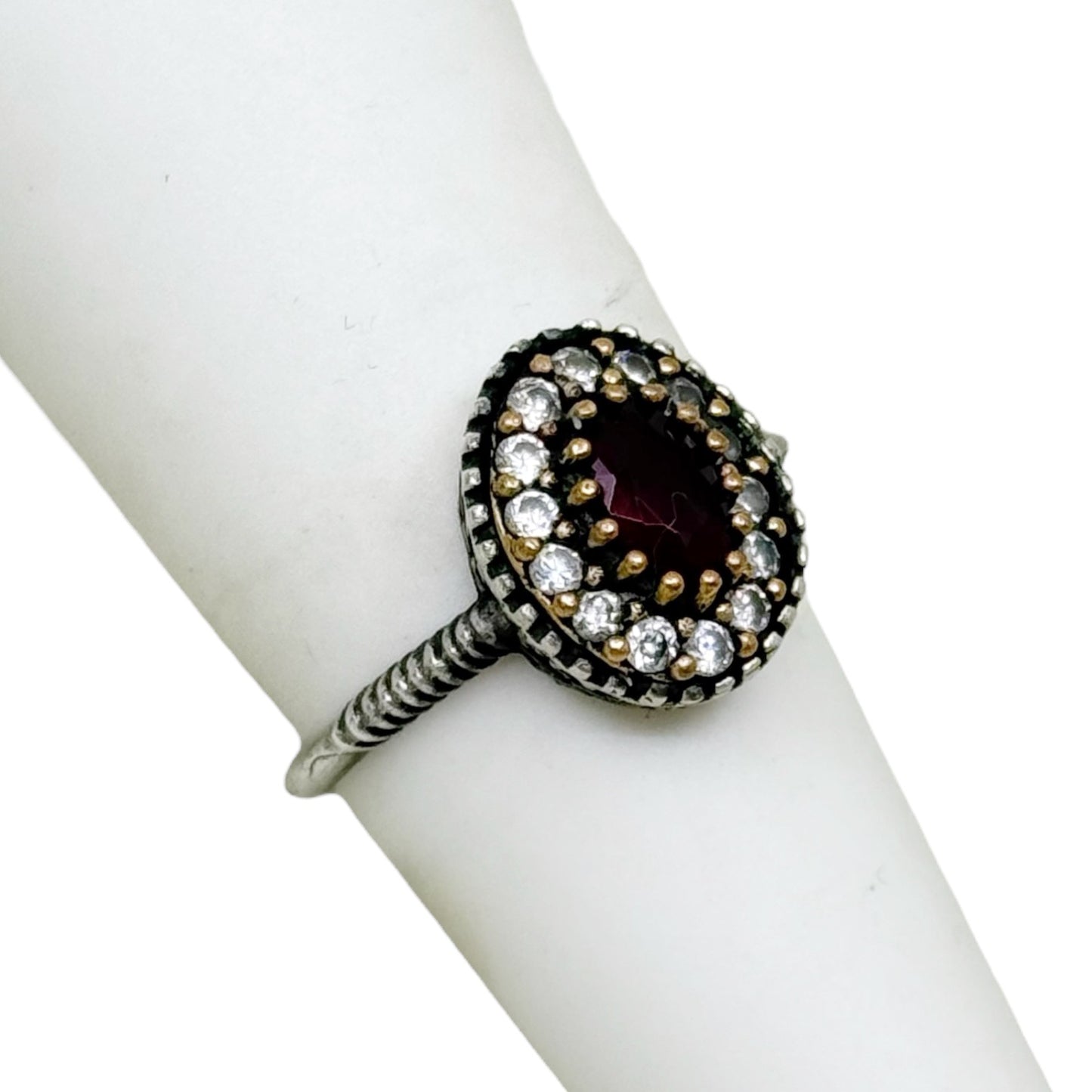 Turkish sterling silver glass ruby & cubic zirconia ring - GM314