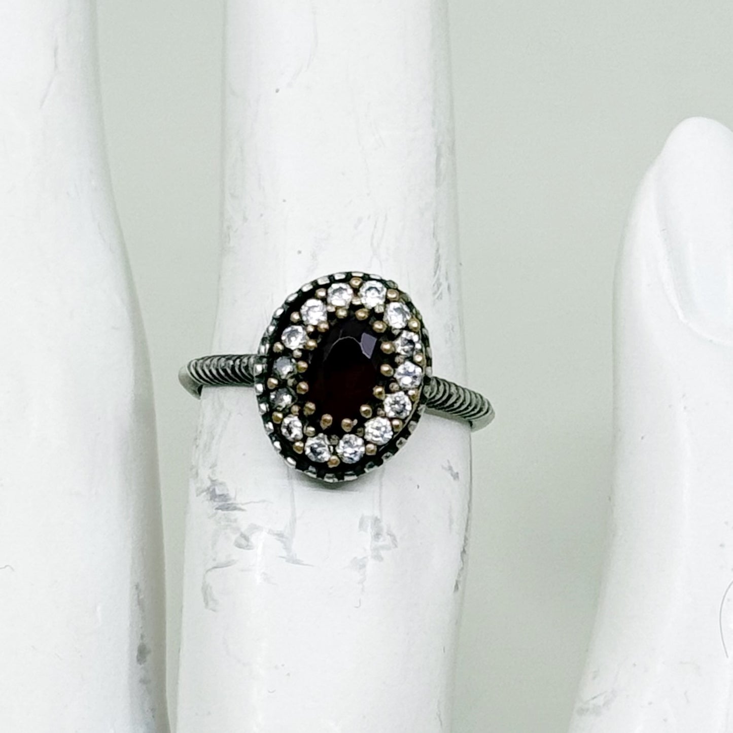 Turkish sterling silver glass ruby & cubic zirconia ring - GM314