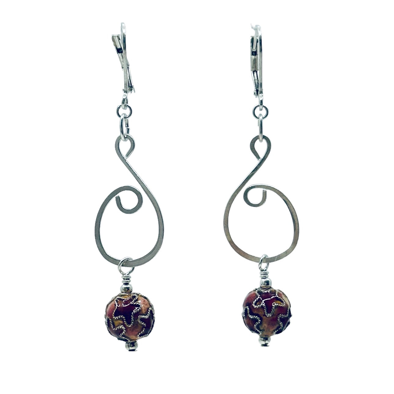 Hand Made sterling silver cloisonne bead drop earrings