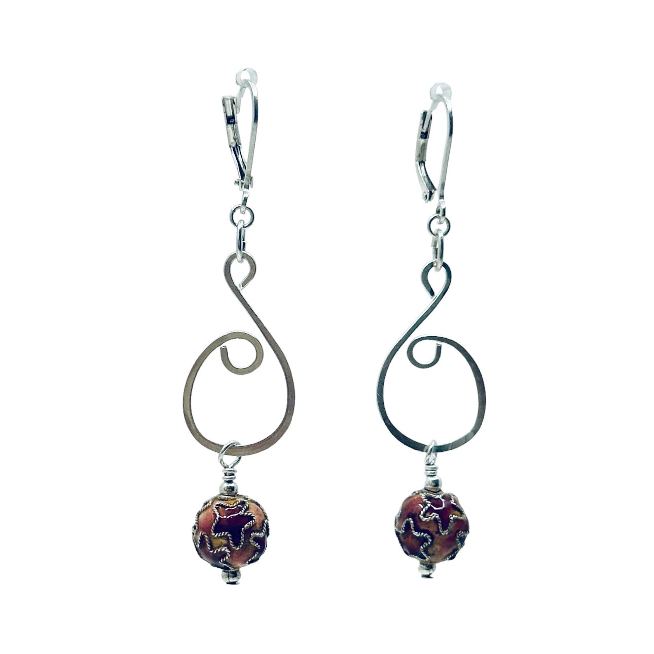 Hand Made sterling silver cloisonne bead drop earrings