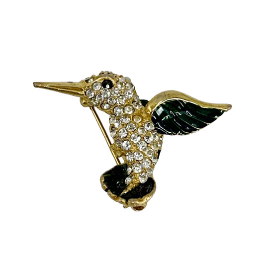 Vintage Gold tone rhinestone enamel hummingbird brooch