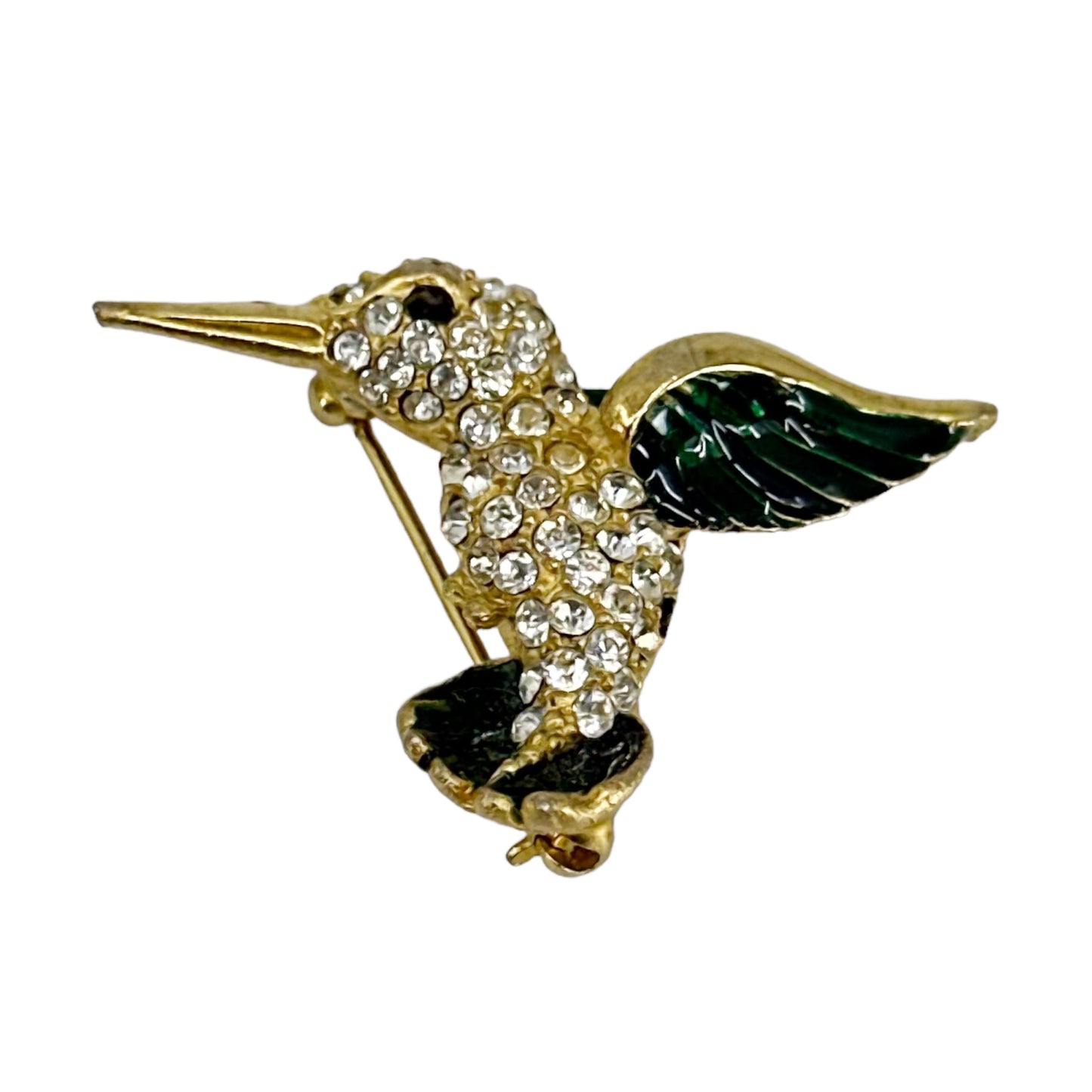 Vintage Gold tone rhinestone enamel hummingbird brooch