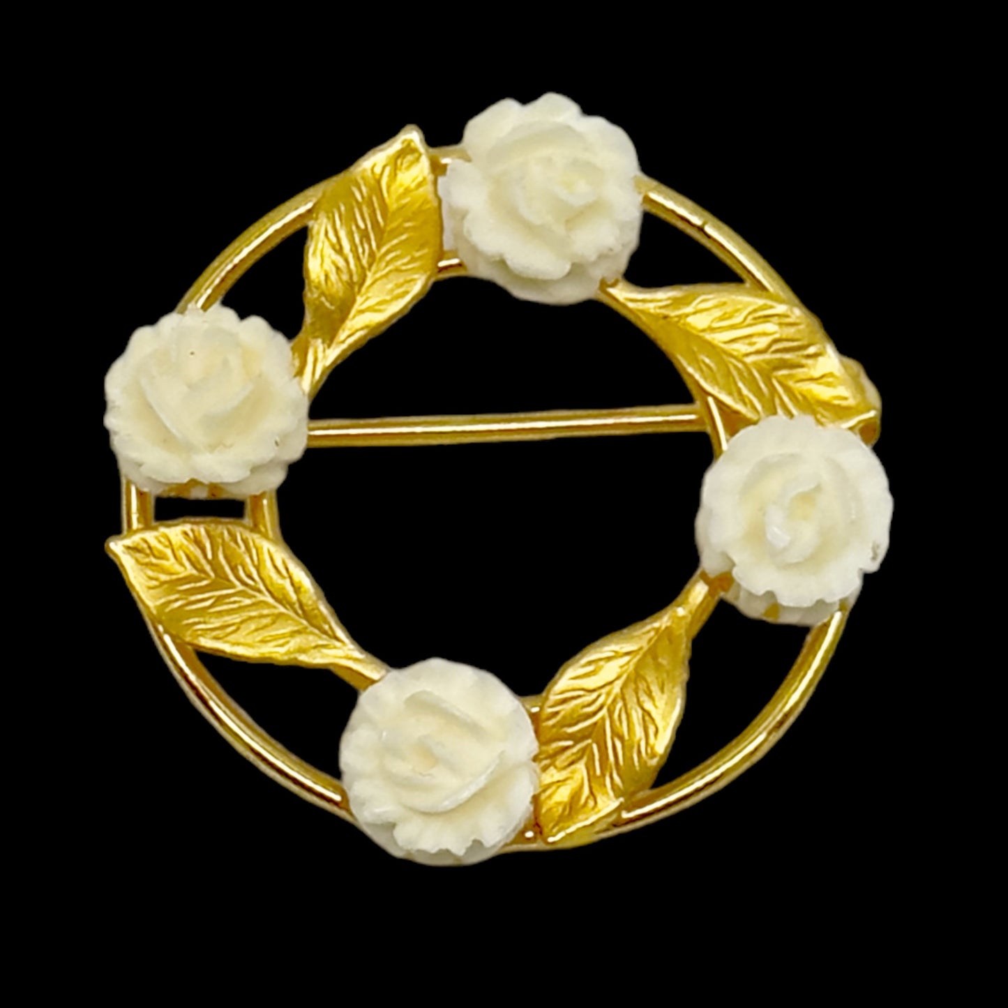 Vintage KL Gold Filled carved bone rose brooch