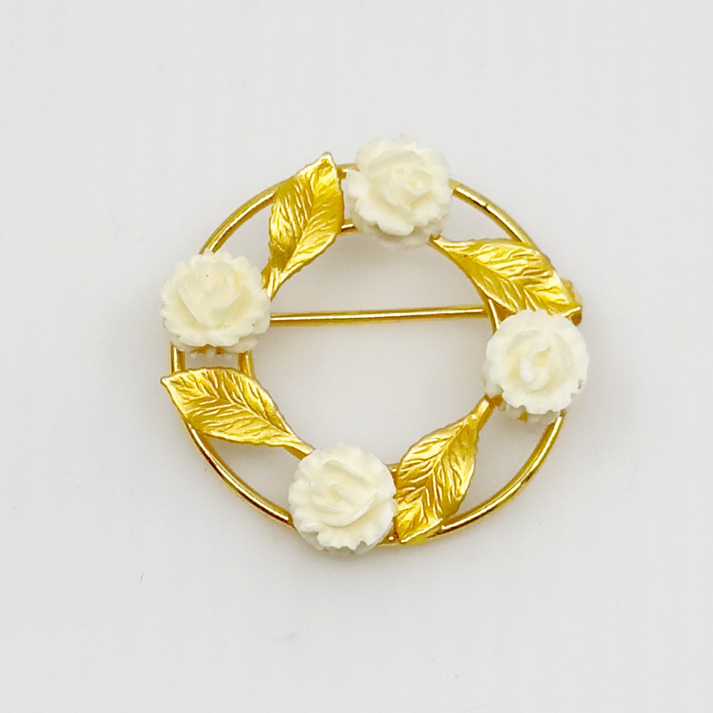 Vintage KL Gold Filled carved bone rose brooch