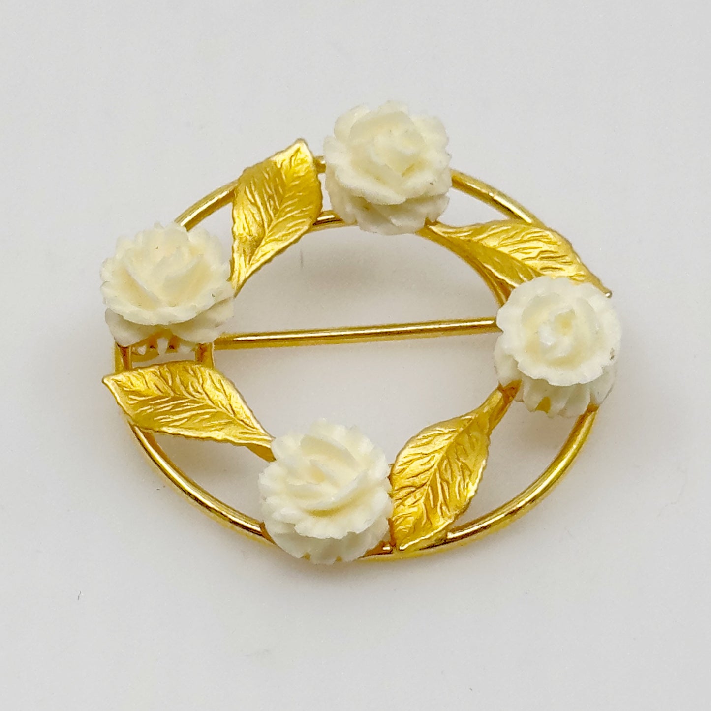 Vintage KL Gold Filled carved bone rose brooch