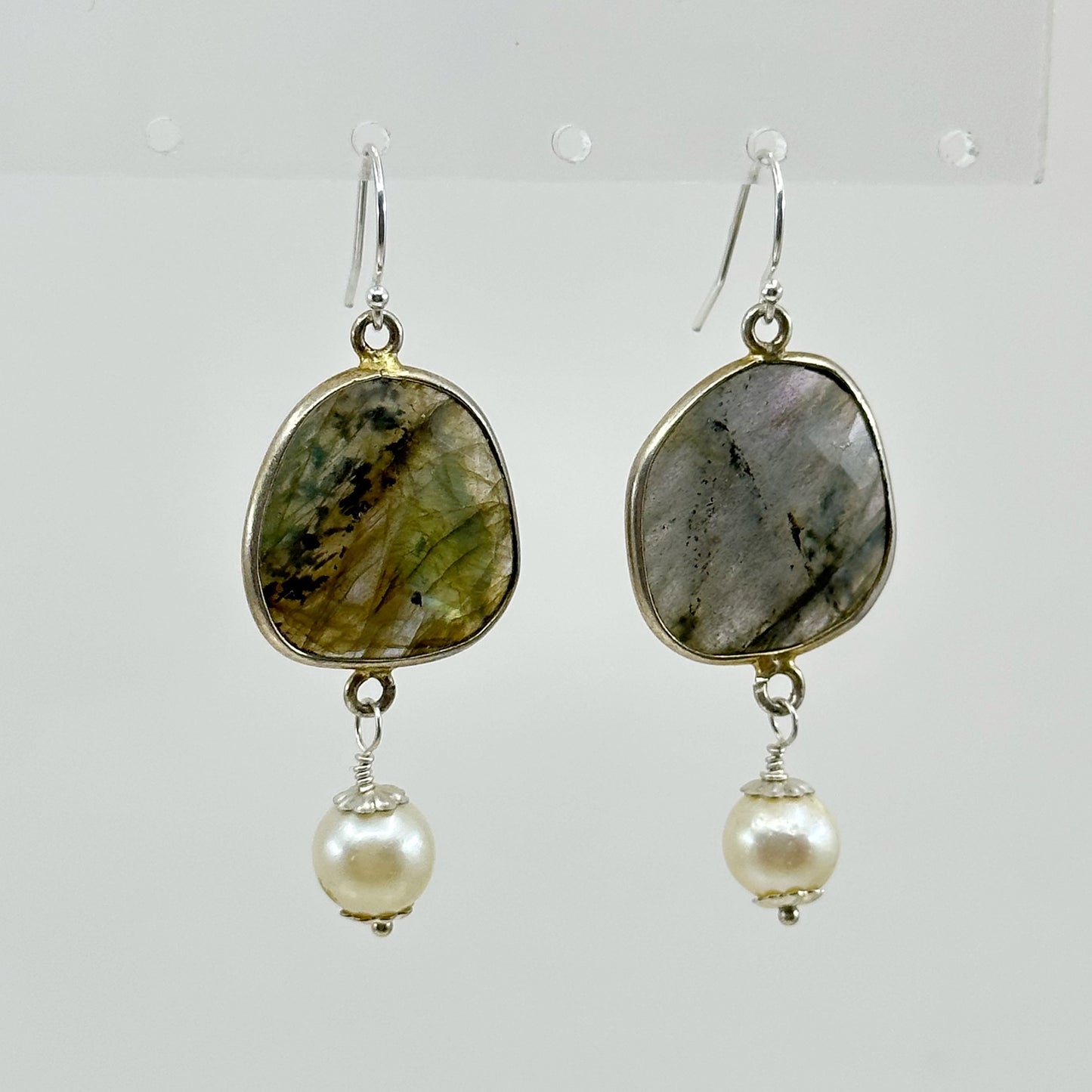 Hand Made Sterling silver labradorite & pearl earrings