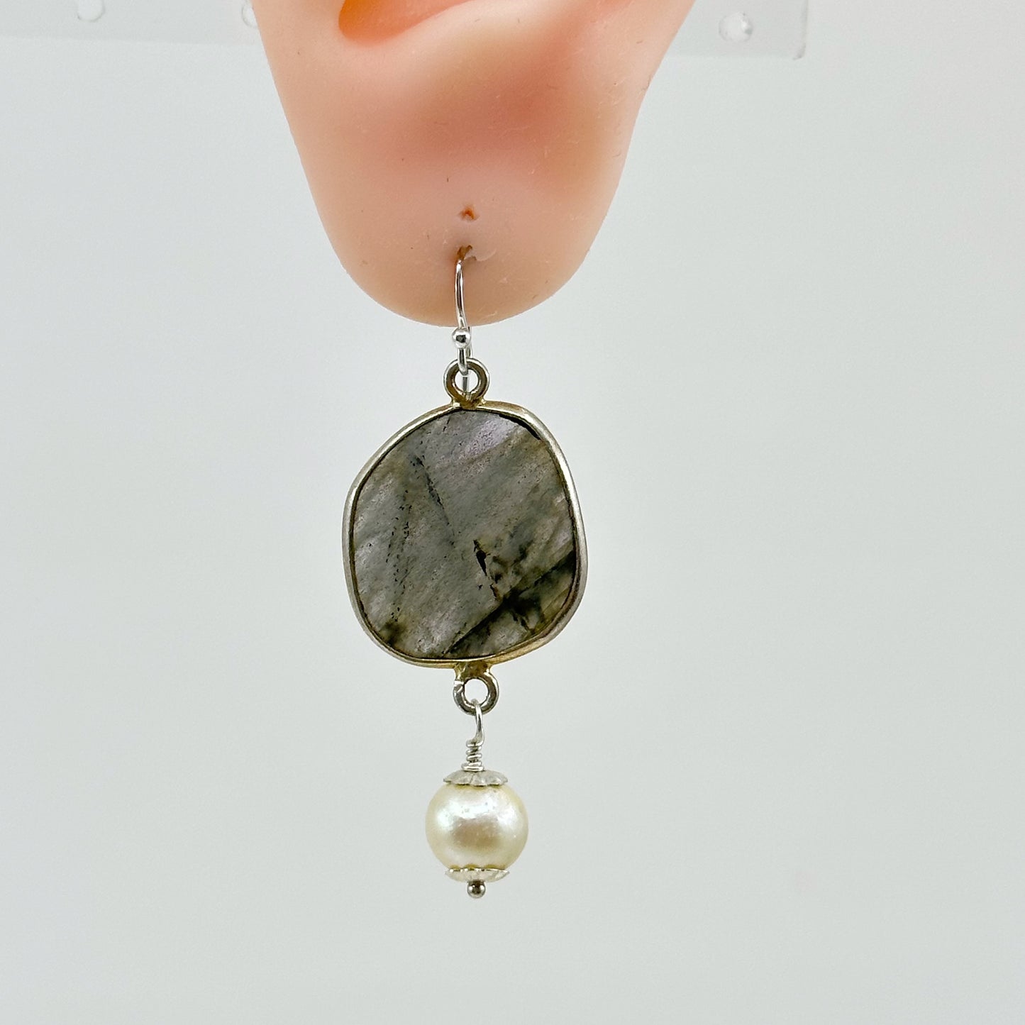 Hand Made Sterling silver labradorite & pearl earrings