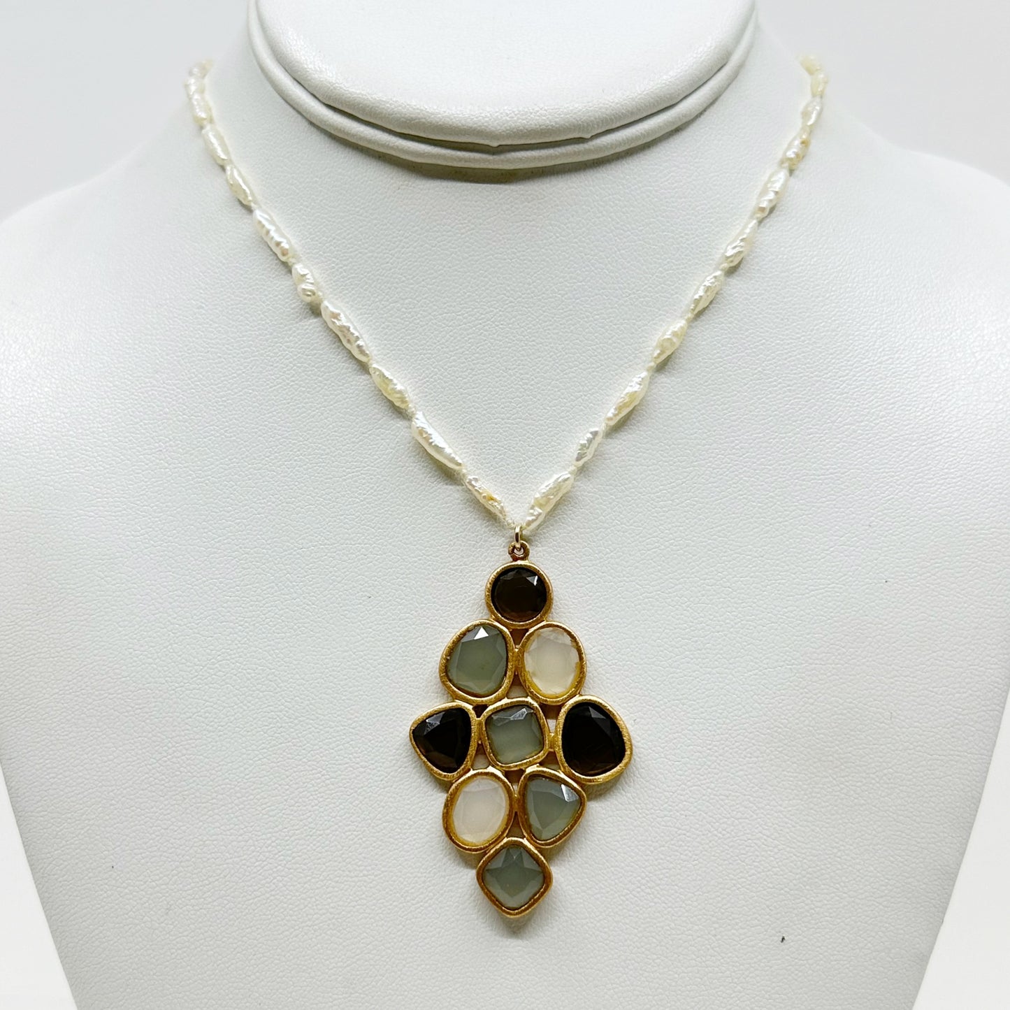 Gold vermeil sterling silver smoky quartz & chalcedony pearl strand necklace