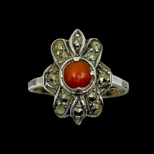 Vintage sterling silver Coral & Marcasite ring