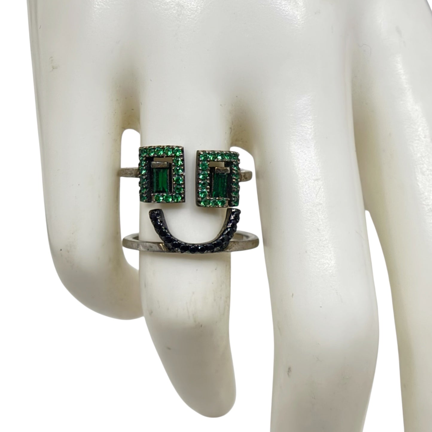 sterling silver green cubic zirconia happy face ring - GM4