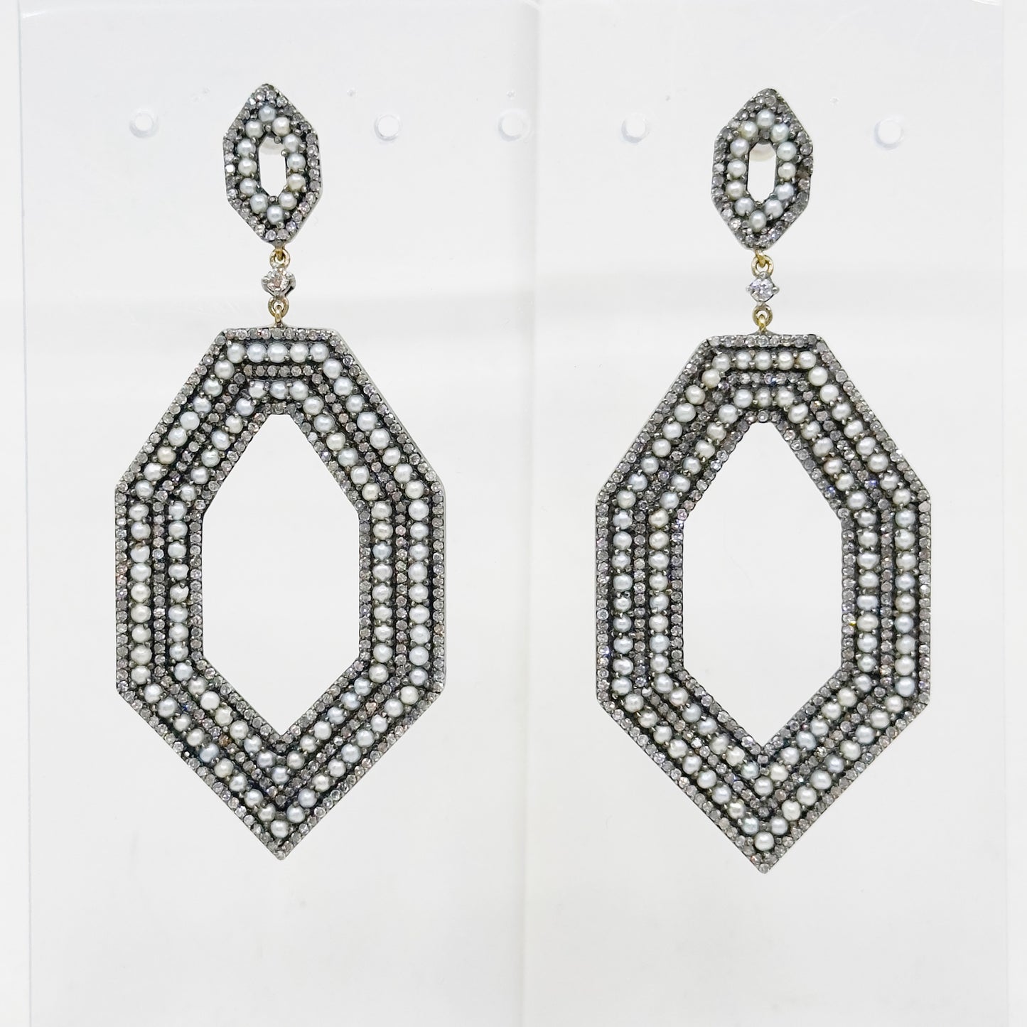 Sterling silver seed pearl & 4 carat diamond drop earrings