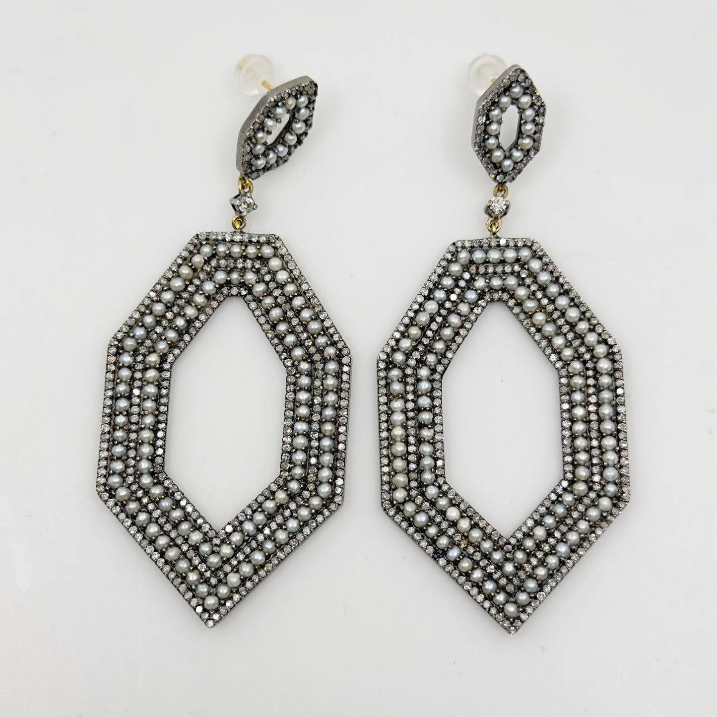 Sterling silver seed pearl & 4 carat diamond drop earrings