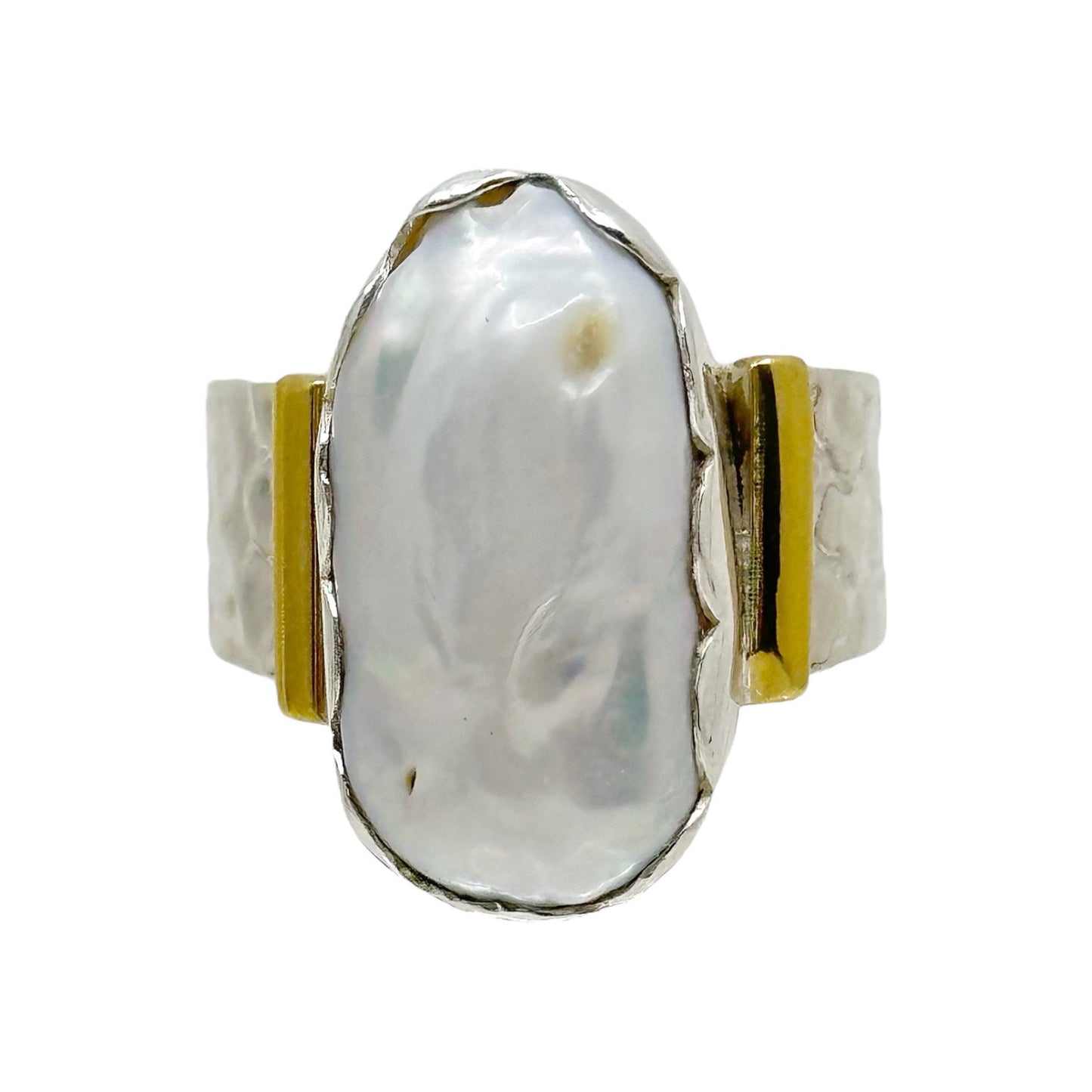 sterling silver & brass baroque pearl ring