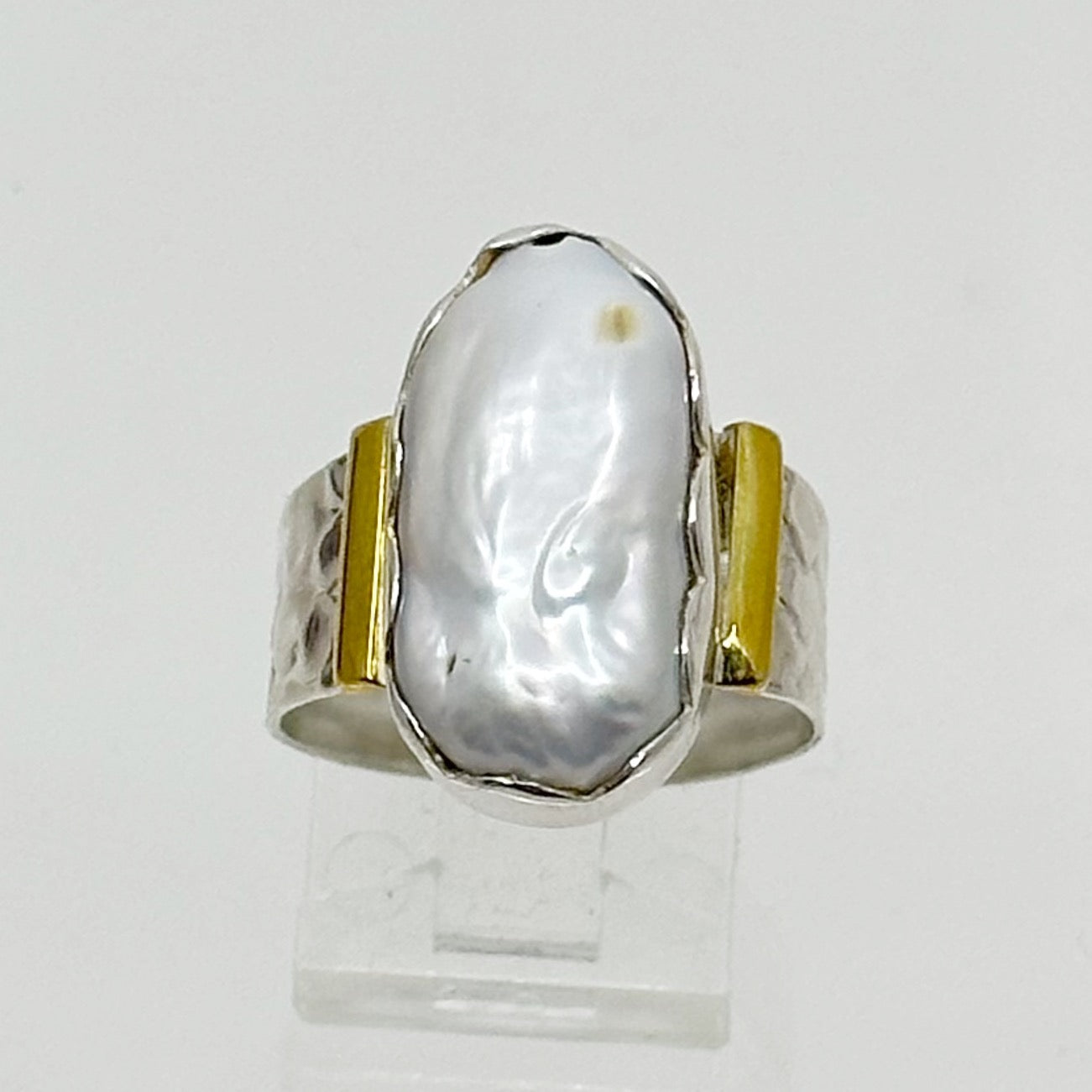 sterling silver & brass baroque pearl ring