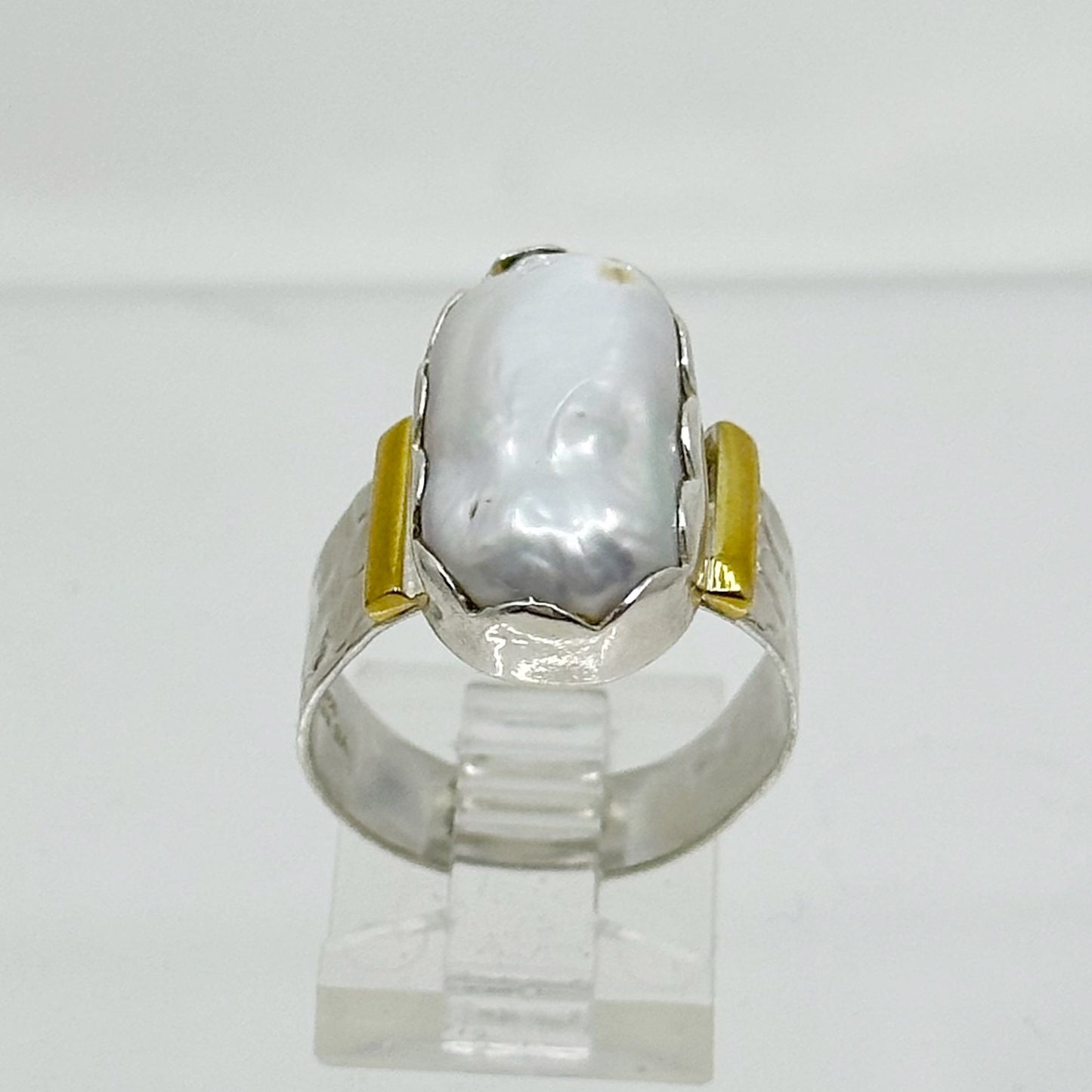 sterling silver & brass baroque pearl ring