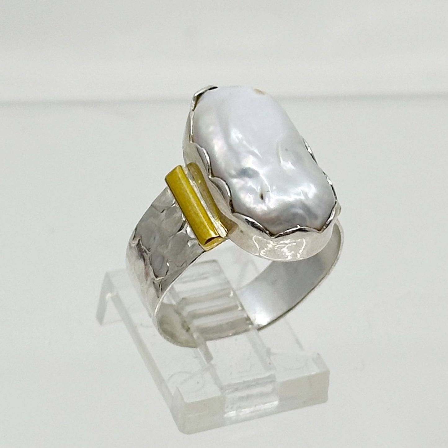 sterling silver & brass baroque pearl ring