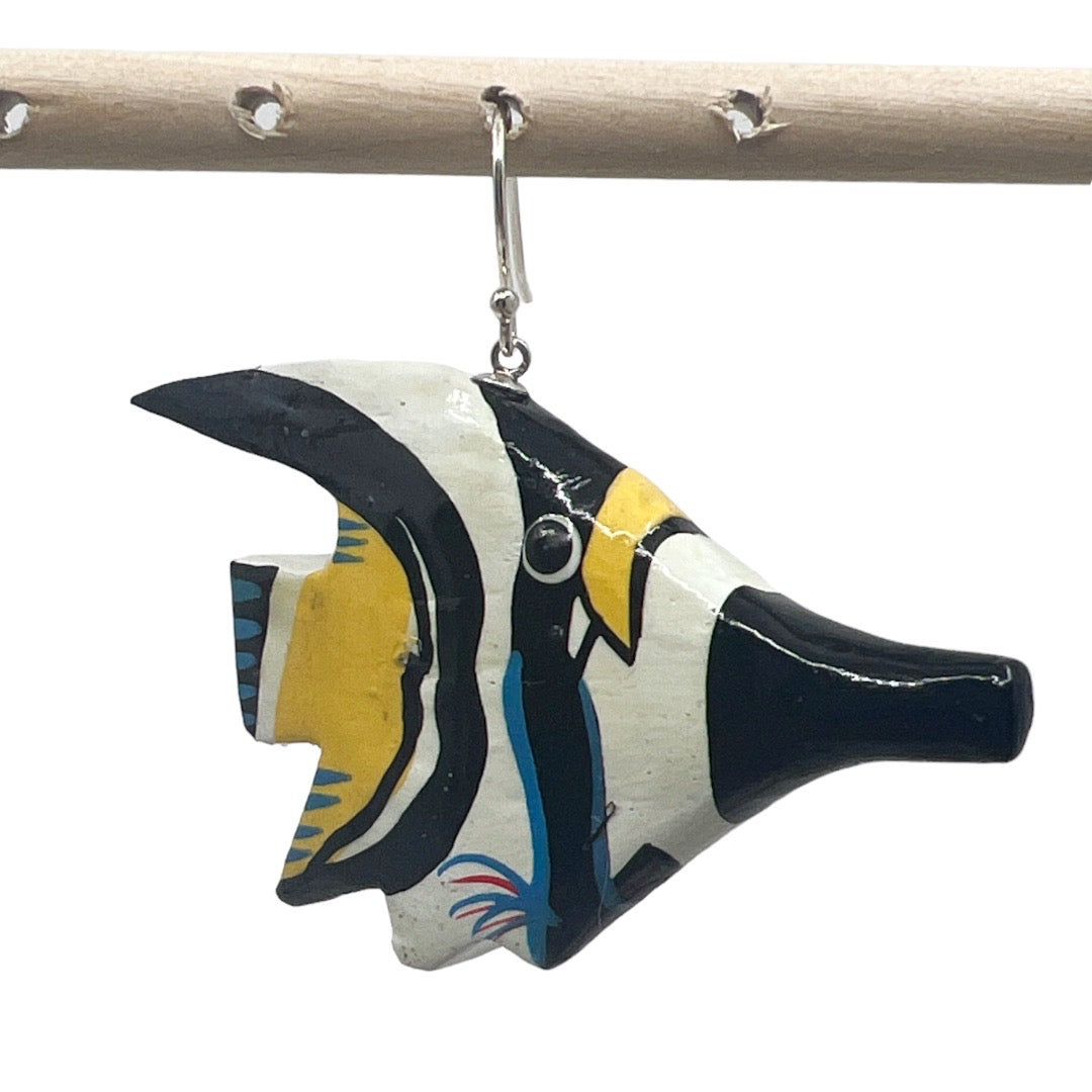 Sterling silver hand painted wood fish earrings