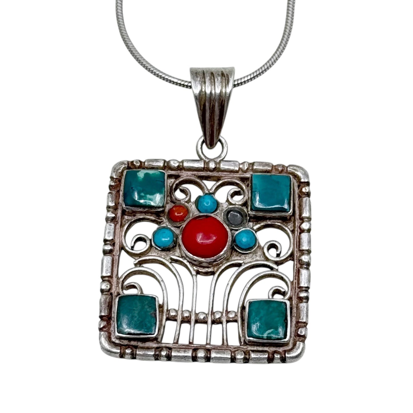 Sterling silver coral & turquoise pendant - GM440