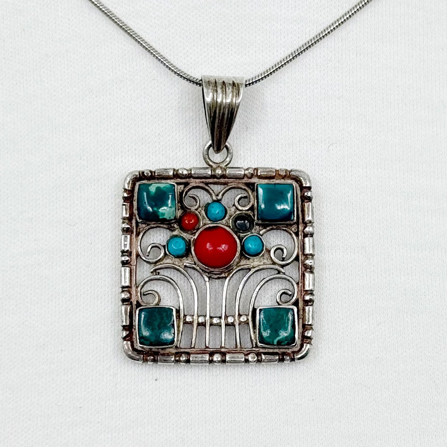 Sterling silver coral & turquoise pendant - GM440