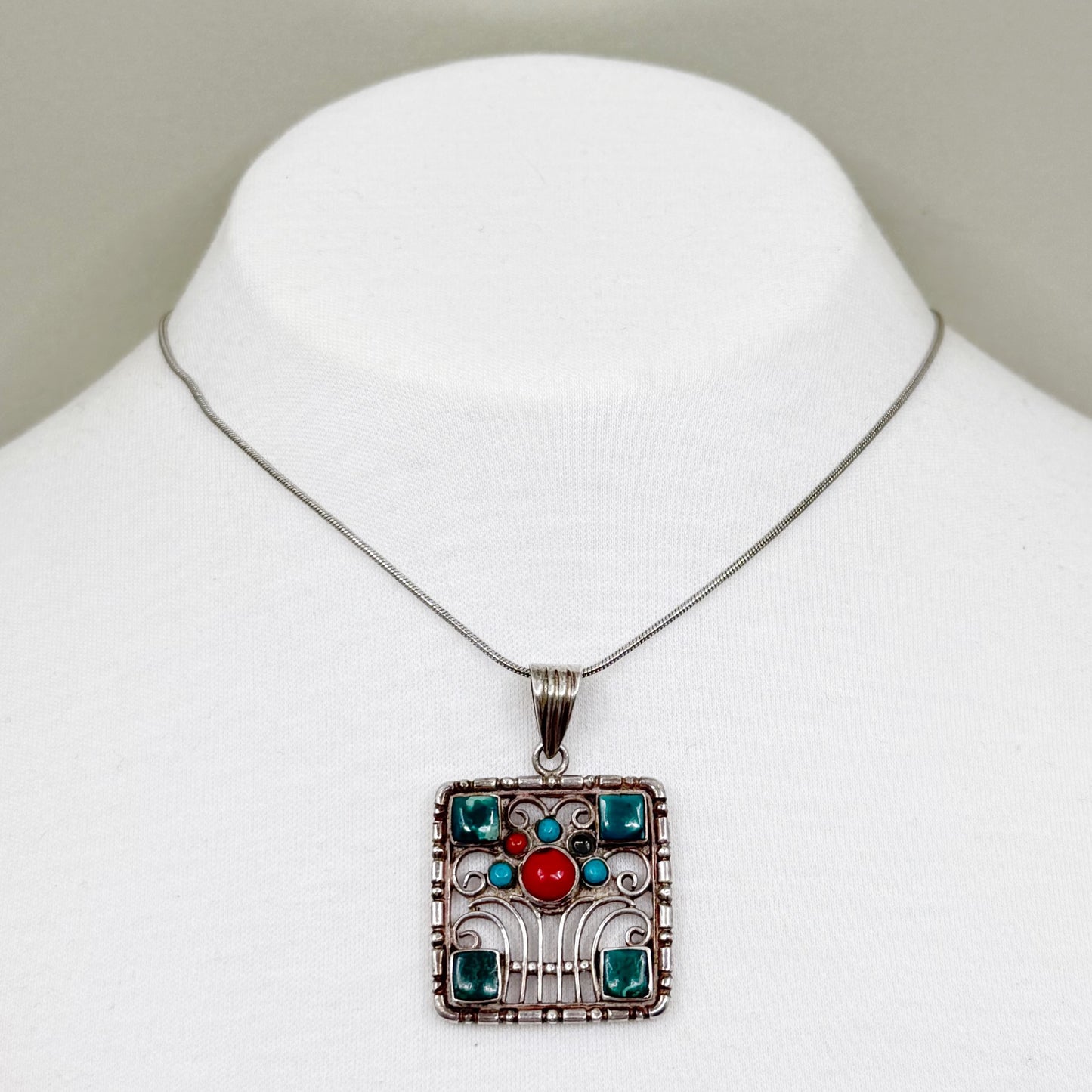 Sterling silver coral & turquoise pendant - GM440