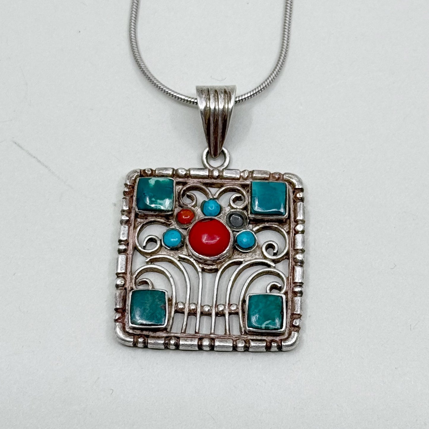 Sterling silver coral & turquoise pendant - GM440