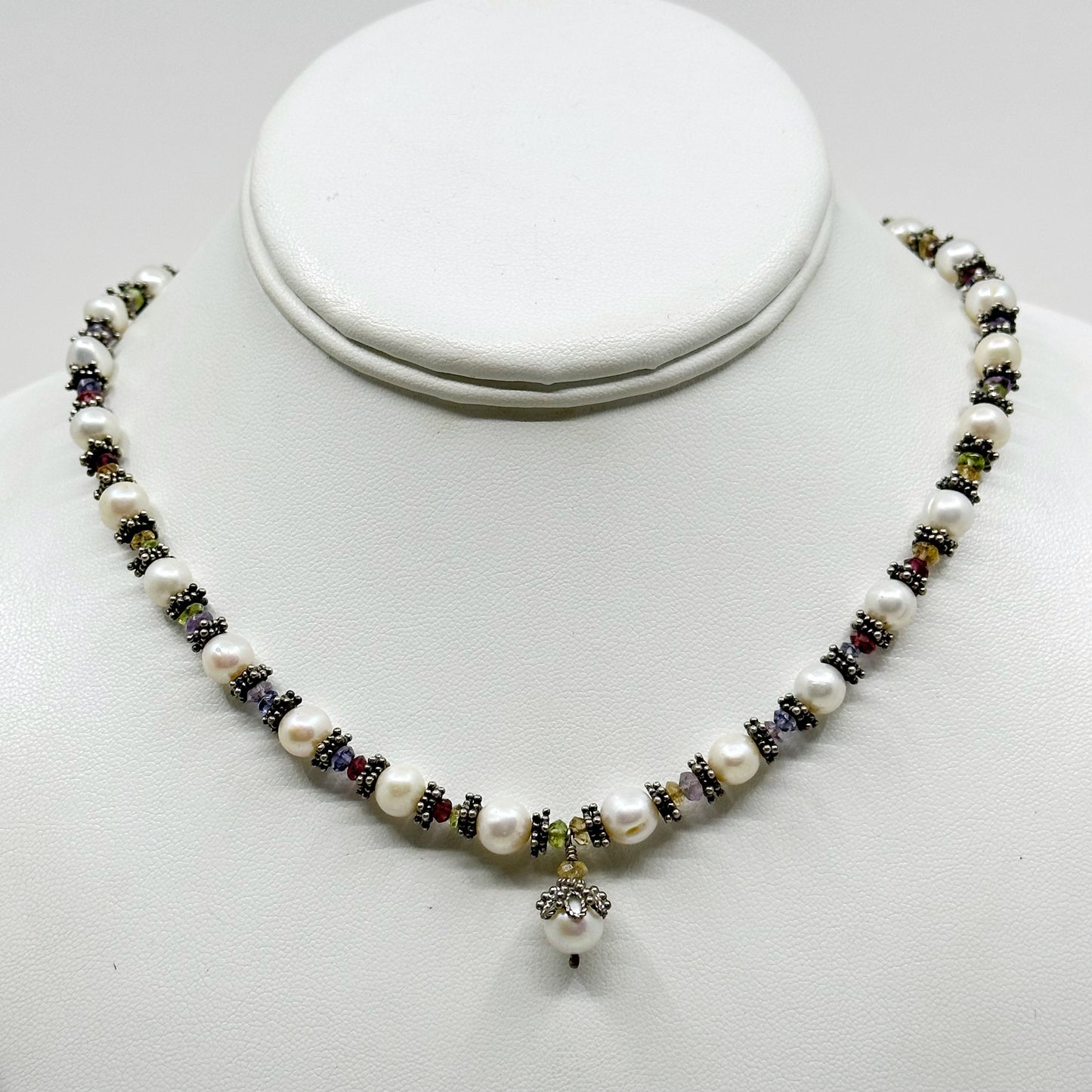 sterling silver pearl & tourmaline bead necklace