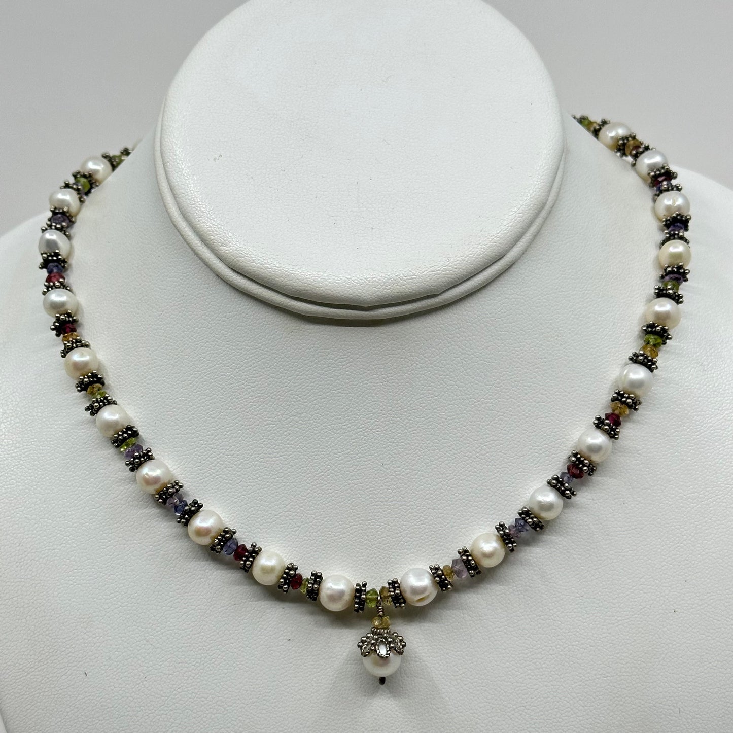 sterling silver pearl & tourmaline bead necklace