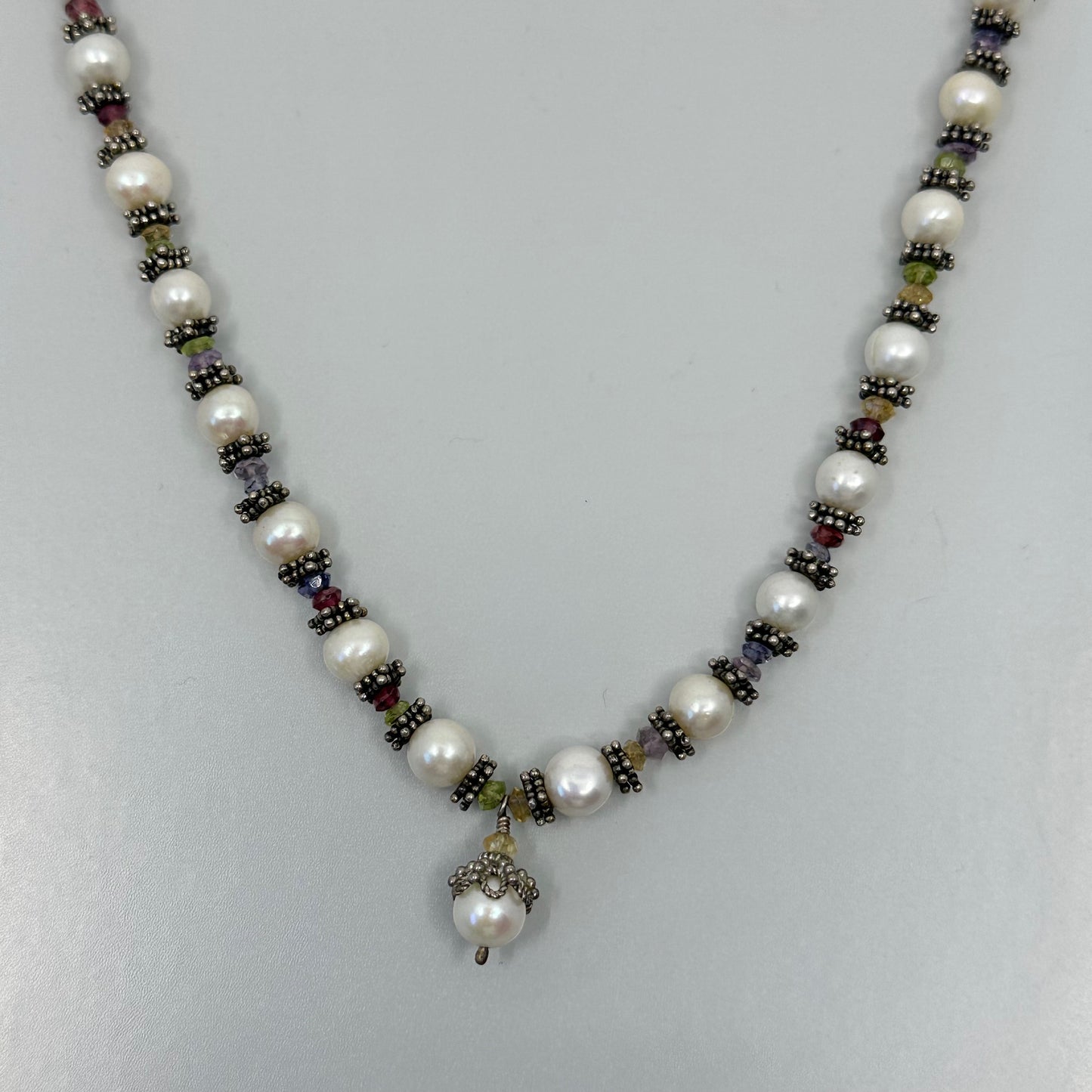 sterling silver pearl & tourmaline bead necklace