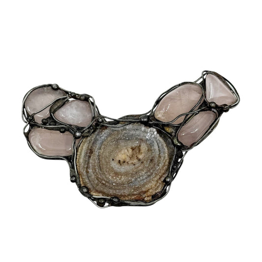 Hand Made Modernist silver plated rose quartz & druzy chalcedony slide pendant GM457