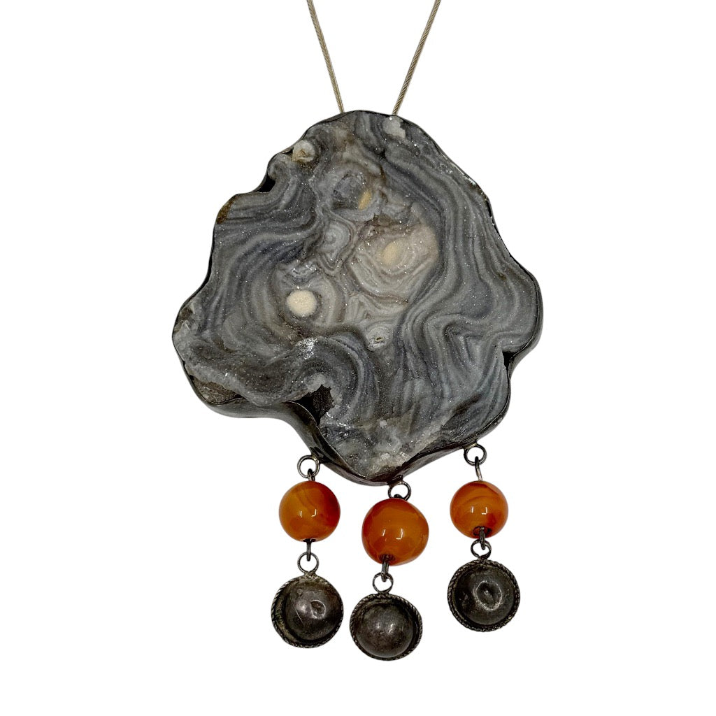 vintage Israeli sterling silver druzy agate & carnelian pendant necklace - GM459