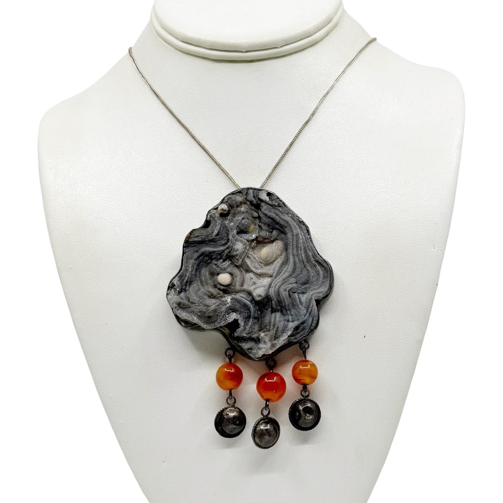 vintage Israeli sterling silver druzy agate & carnelian pendant necklace - GM459