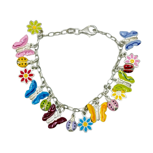sterling silver crystal enamel flower butterfly ladybug  charm bracelet