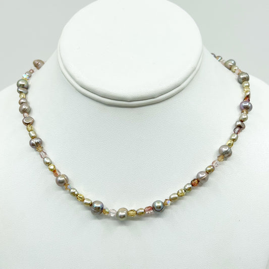 Sterling silver cultured Pearl & crystal bead Necklace