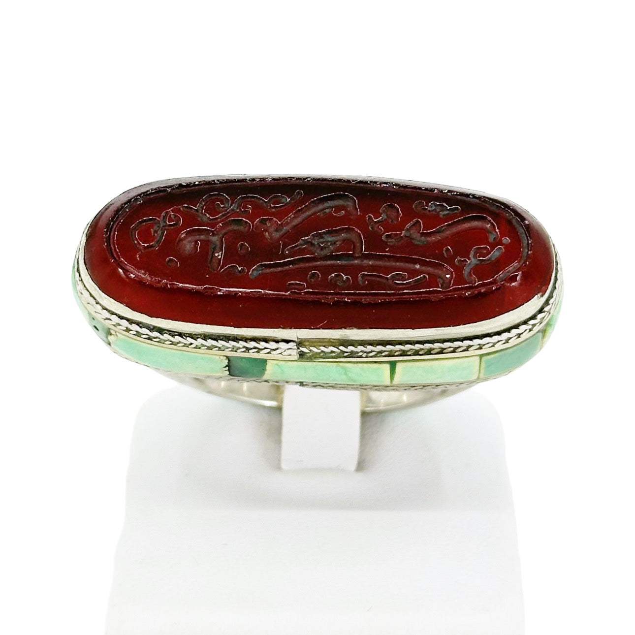 Antique Sterling silver carnelian intaglio & turquoise inlay ring