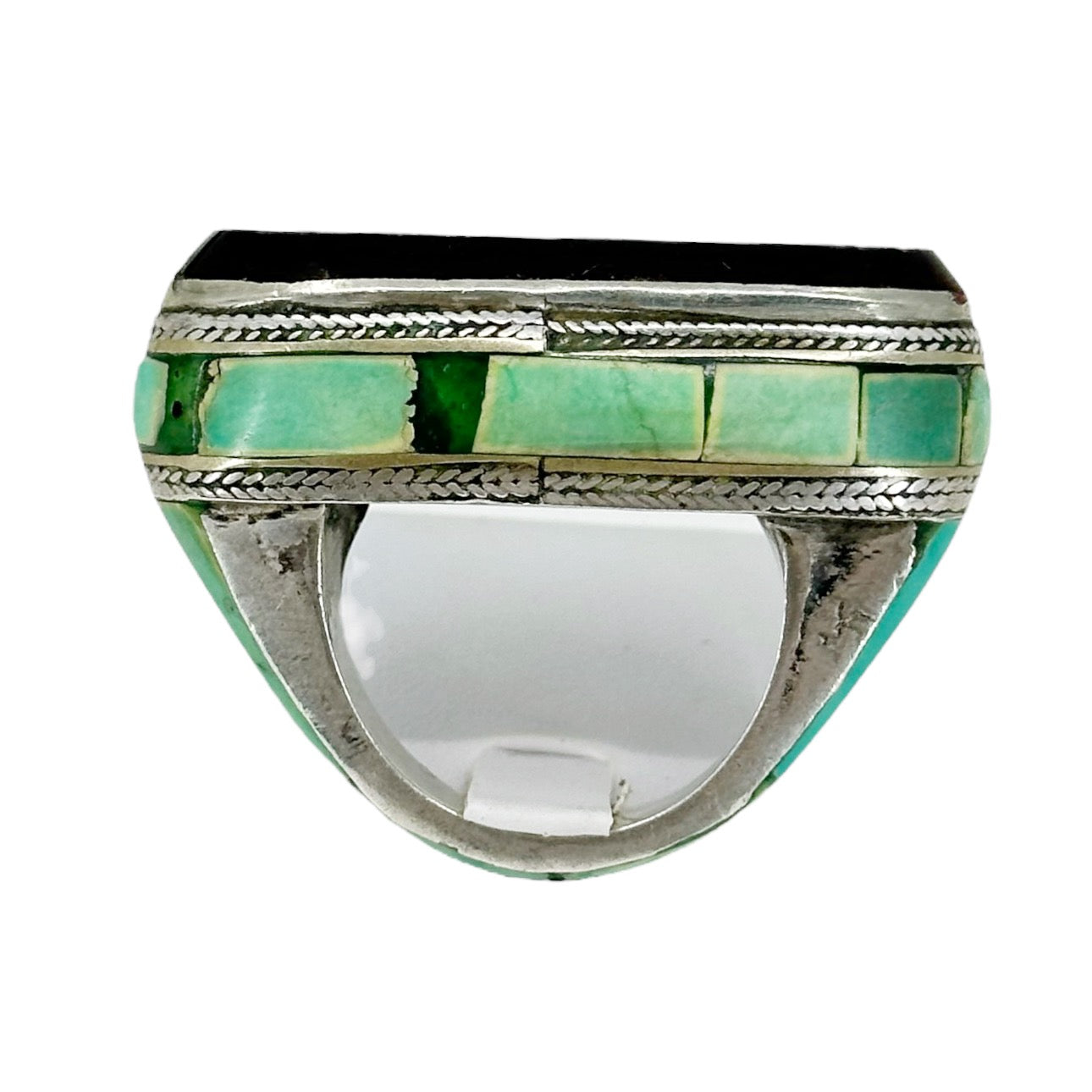 Antique Sterling silver carnelian intaglio & turquoise inlay ring