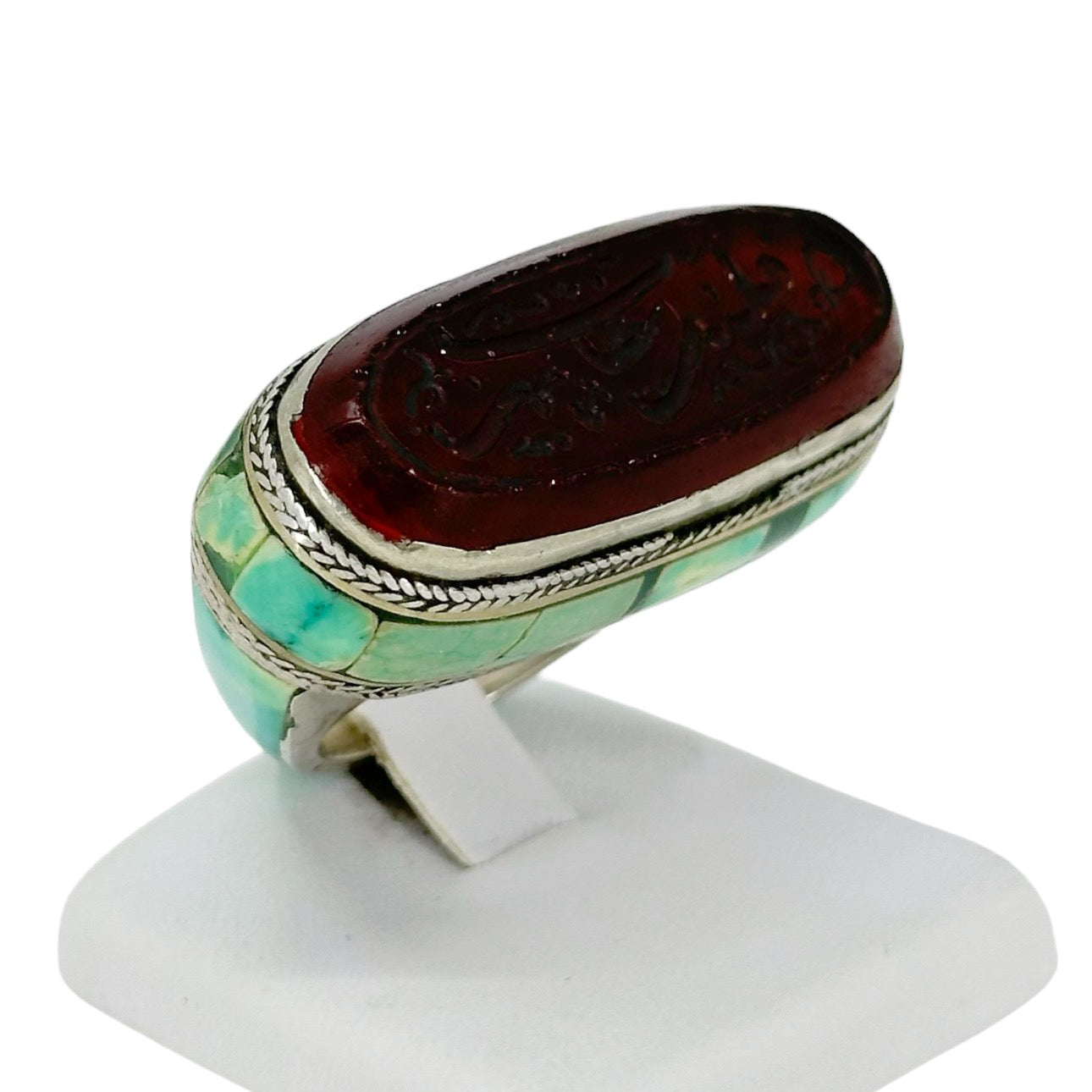 Antique Sterling silver carnelian intaglio & turquoise inlay ring