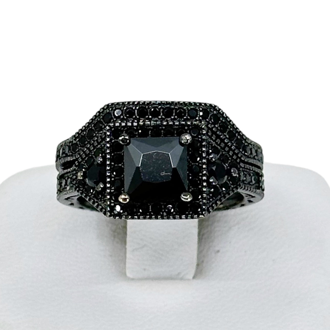 Ruthenium over sterling silver cubic zirconia wedding ring set