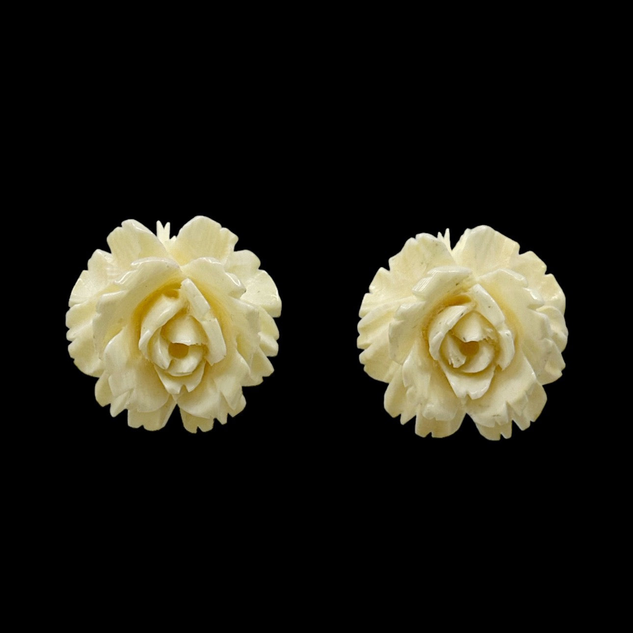 Vintage gold filled carved rose bone clip on earrings