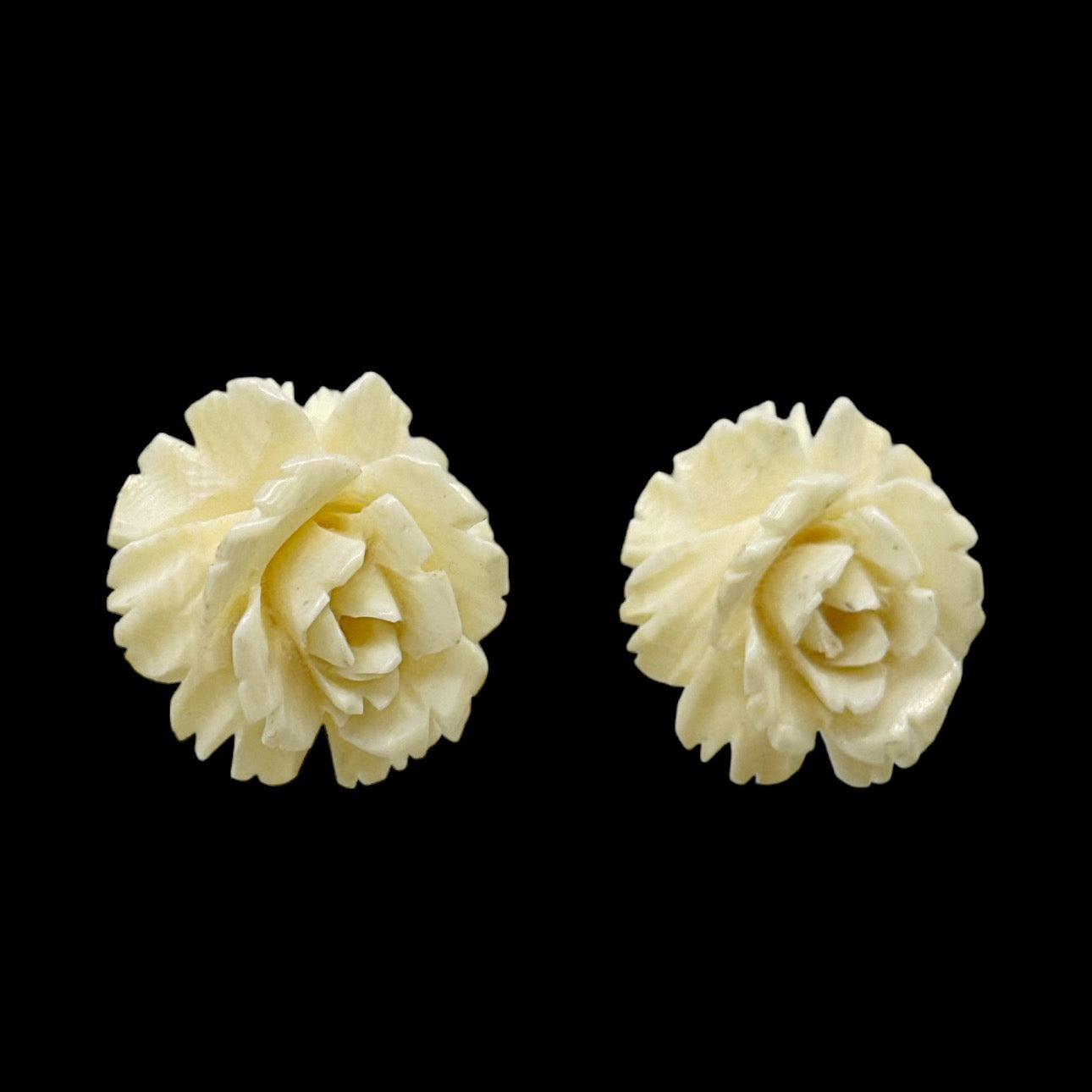 Vintage gold filled carved rose bone clip on earrings