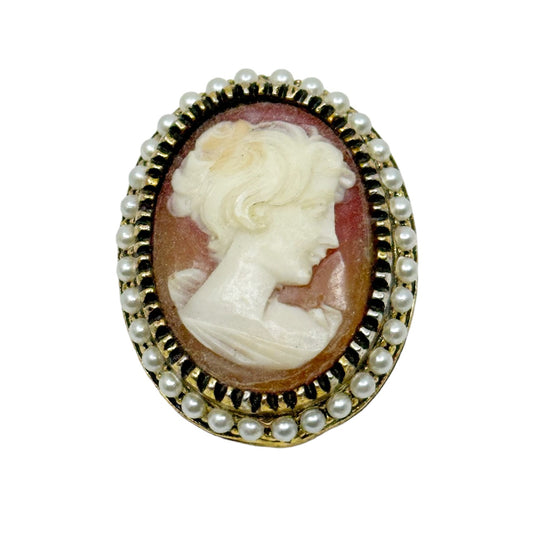 Vintage Gold tone carved cameo lucite & pearl  brooch