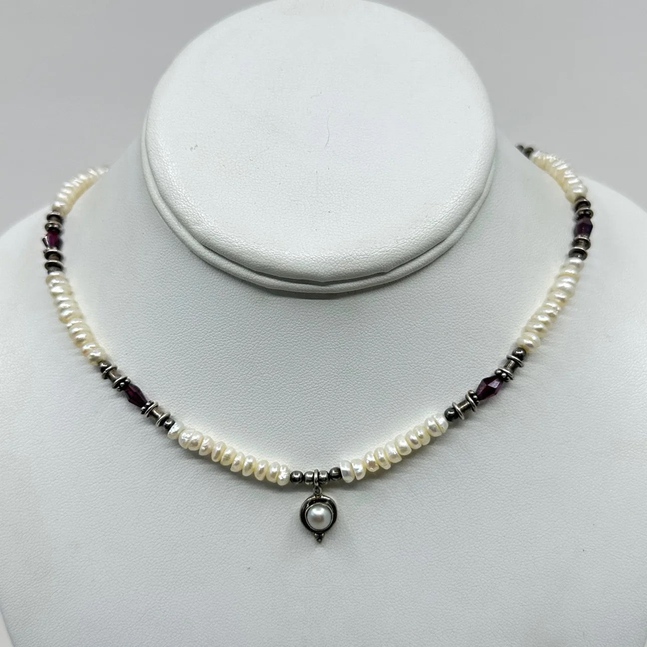 sterling silver pearl & garnet bead necklace