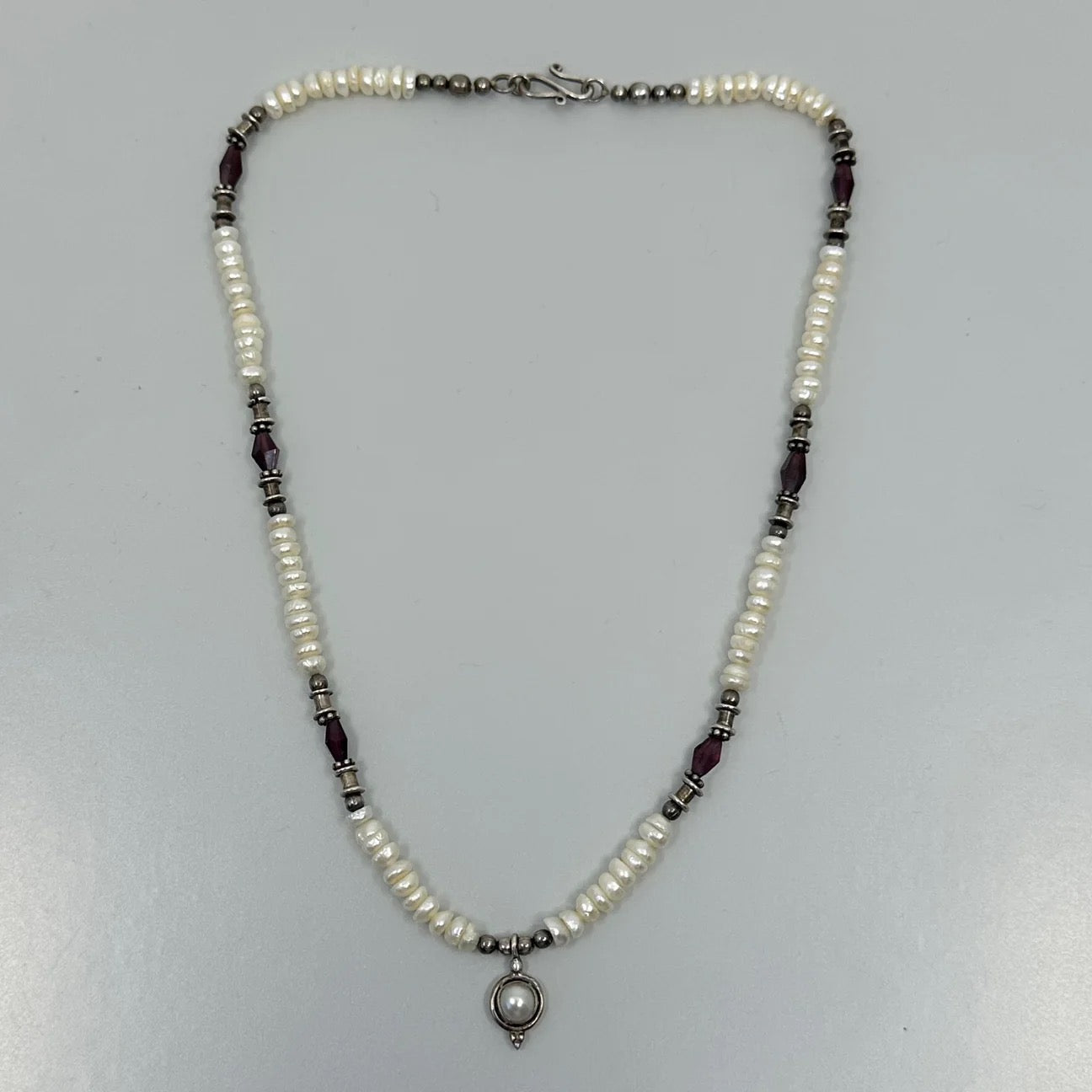 sterling silver pearl & garnet bead necklace