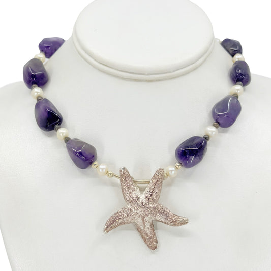 Sterling silver Amethyst & freshwater pearl bead sea star pendant necklace