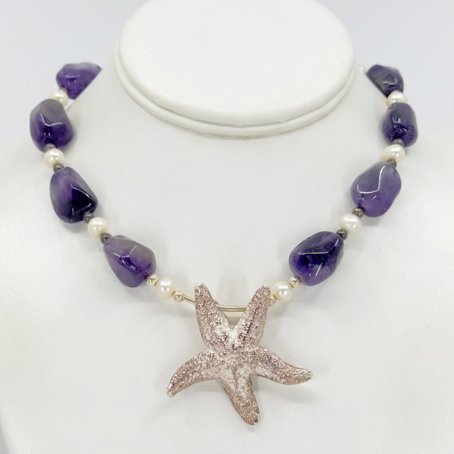 Sterling silver Amethyst & freshwater pearl bead sea star pendant necklace