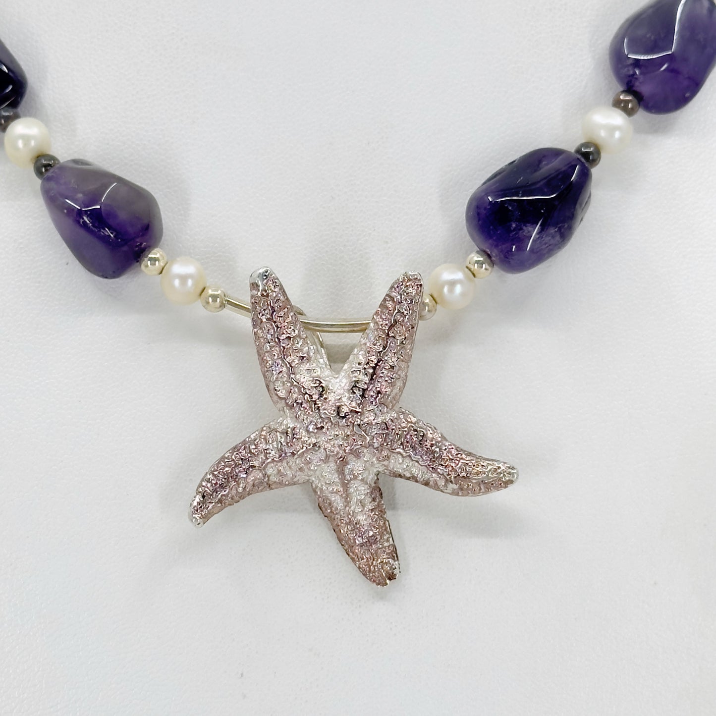 Sterling silver Amethyst & freshwater pearl bead sea star pendant necklace