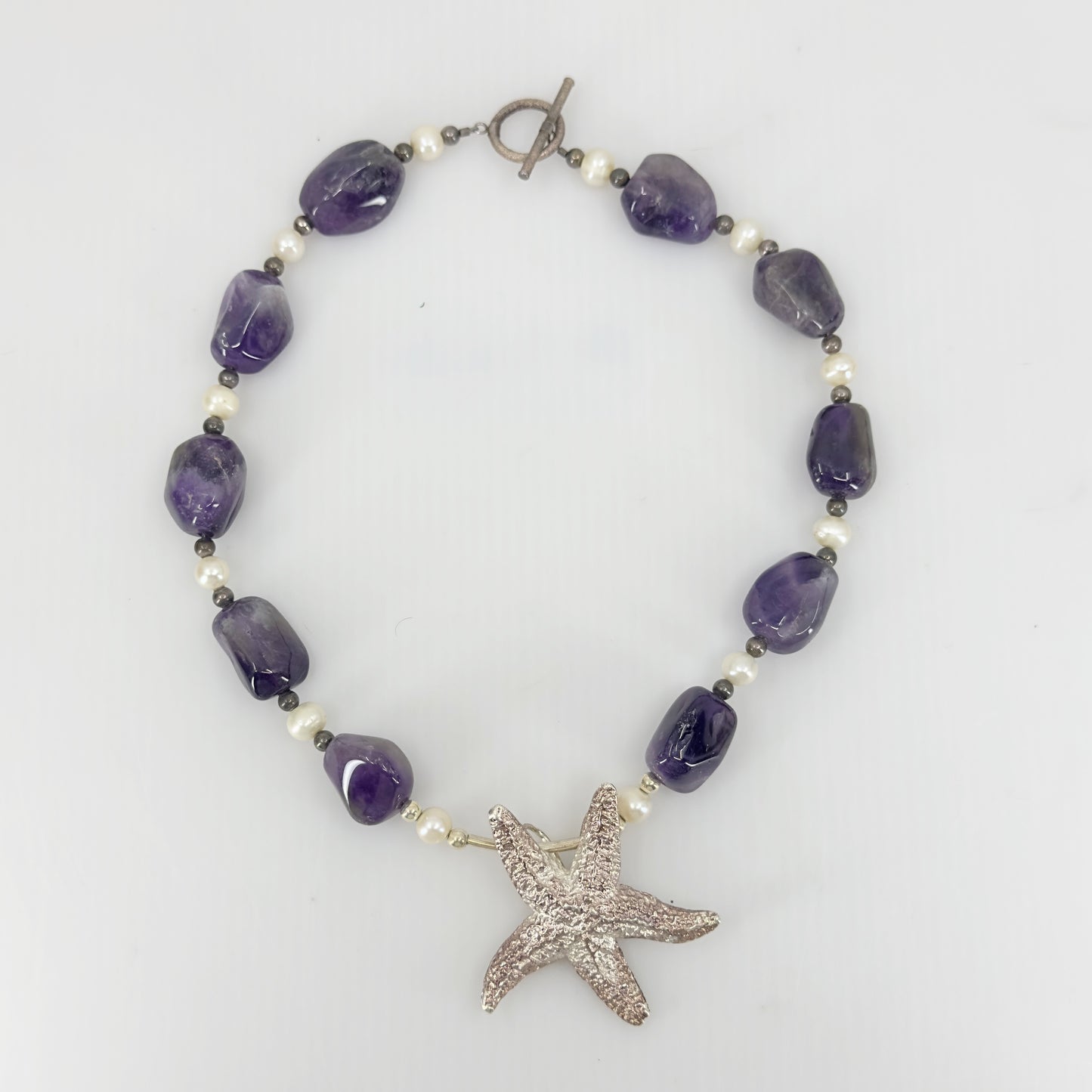 Sterling silver Amethyst & freshwater pearl bead sea star pendant necklace