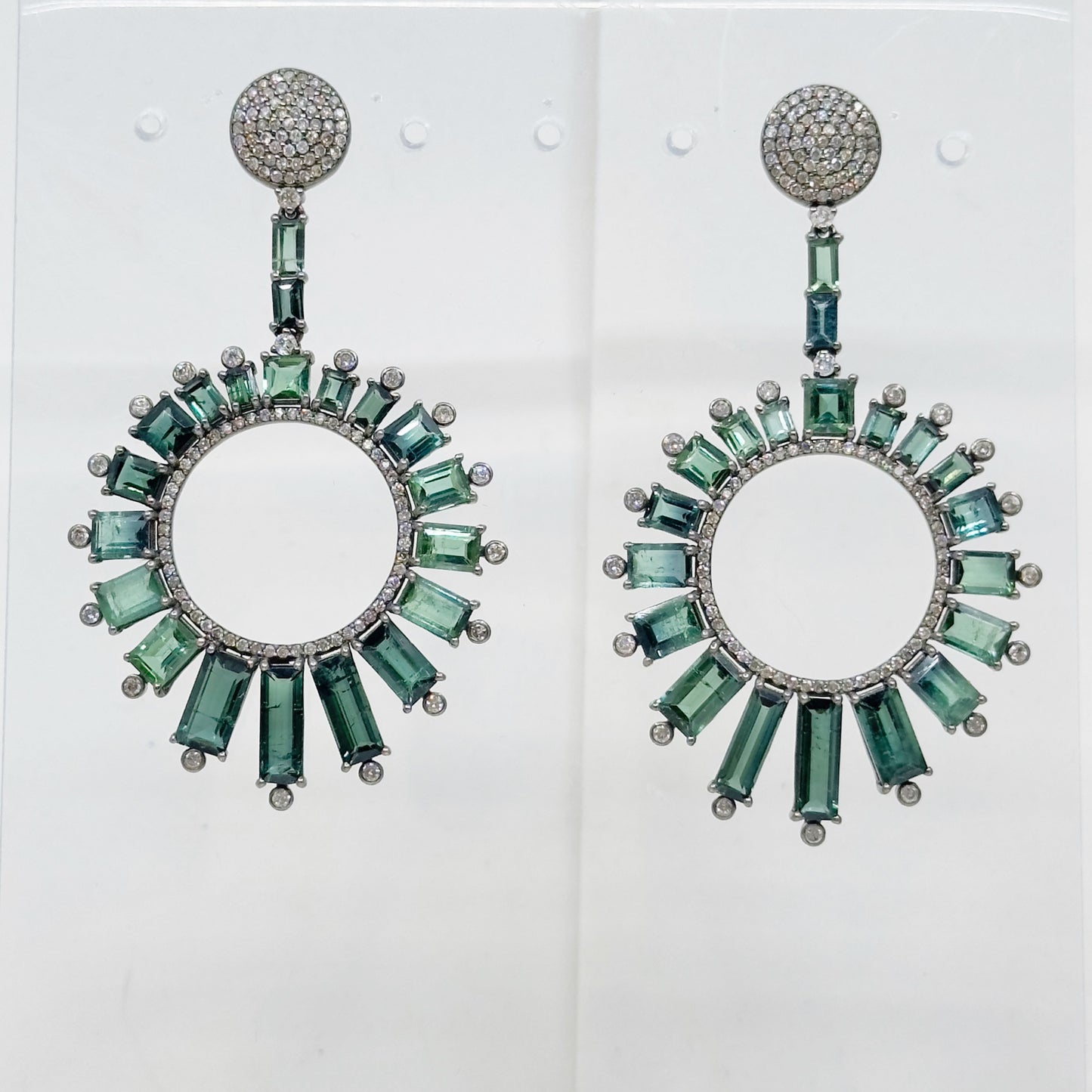 Sterling silver verdelite tourmaline & 2 carat diamond drop earrings