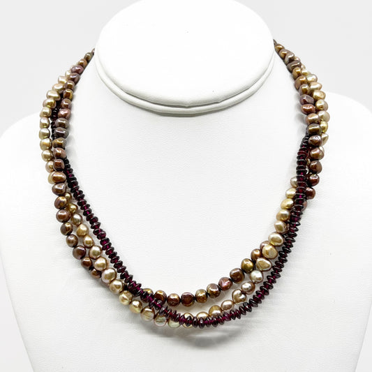 Sterling silver pearl & garnet necklace