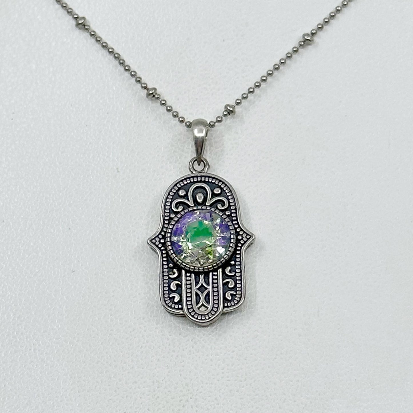 sterling silver mystic topaz hamsa pendant necklace