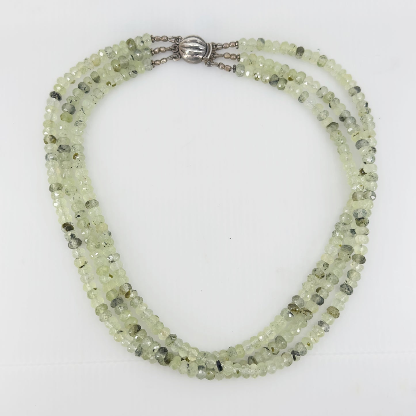 Sterling silver triple strand Prehnite bead necklace